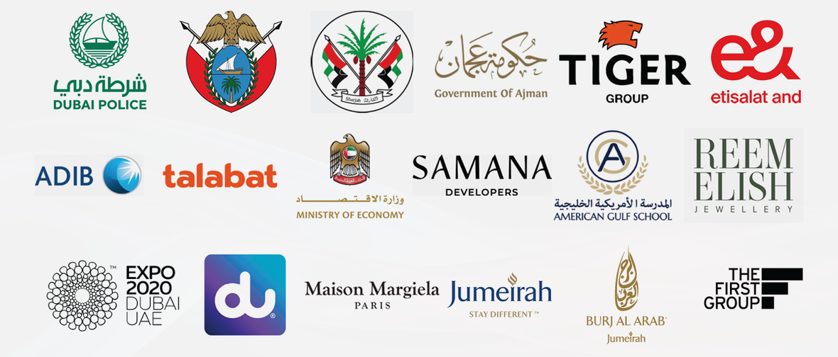 Client marks including Dubai Police, Government of Sharjah, Government of Ajman, Ministry of Economy, e& etisalat, du, ADIB, talabat, Tiger Group, Samana Developers, American Gulf School, Reem Elish Jewellery, Expo 2020 Dubai, Maison Margiela Paris, Jumeirah, Burj Al Arab and The First Group.