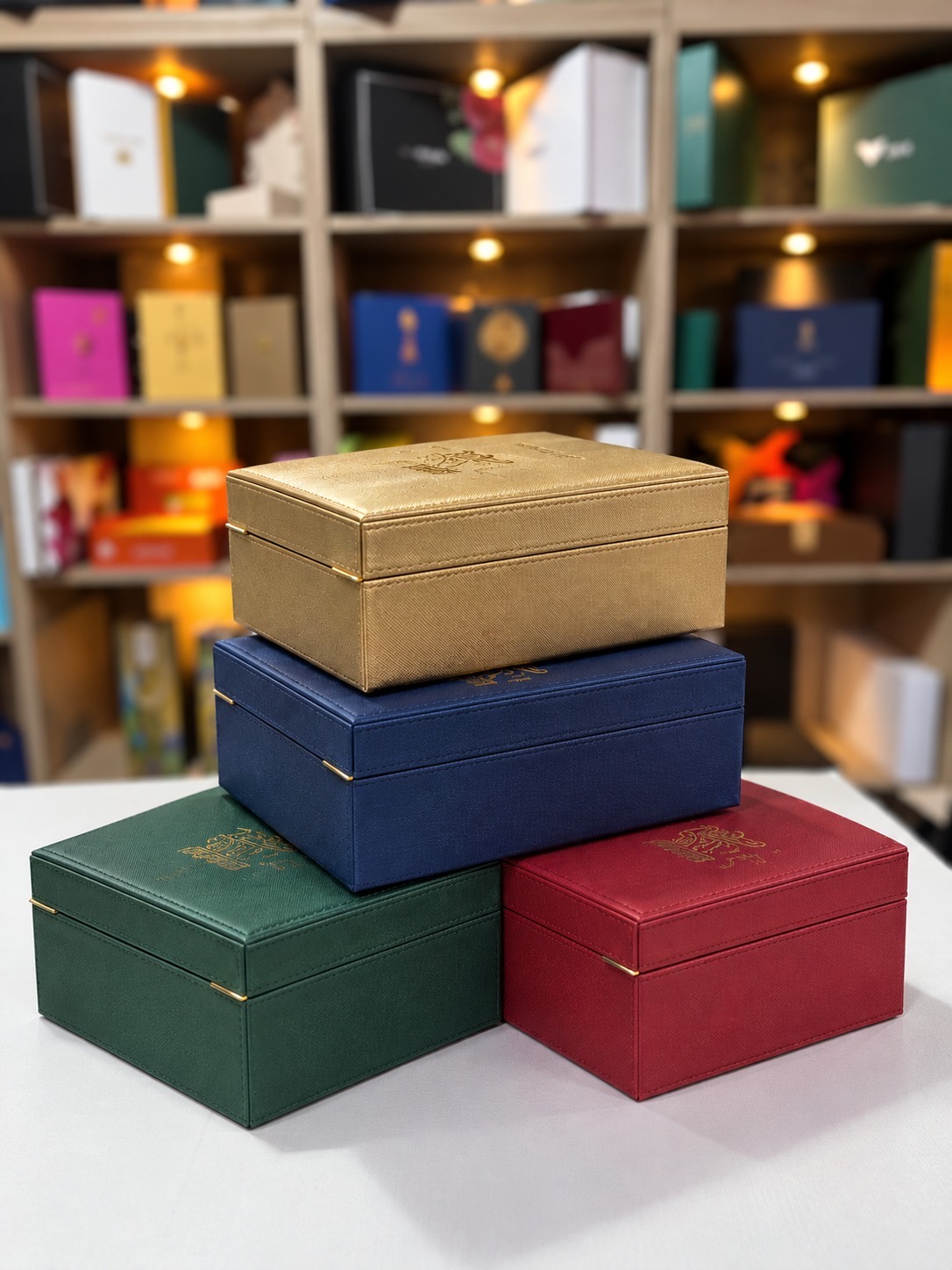Stitched leather boxes in gold, navy, green and red, stacked in front of the sample shelves