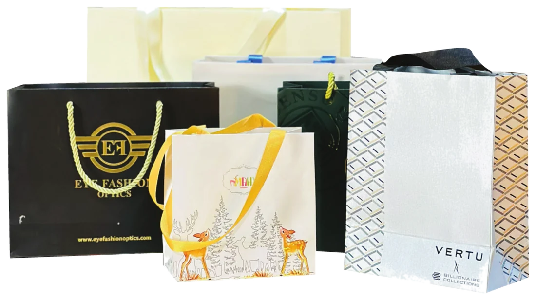 Printed paper bags with rope and ribbon handles for retail brands