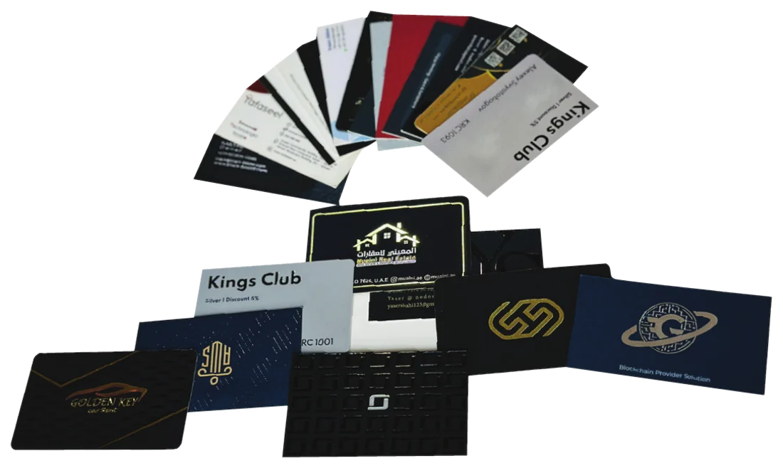 Business cards with gold foil, spot UV and soft touch black finishes