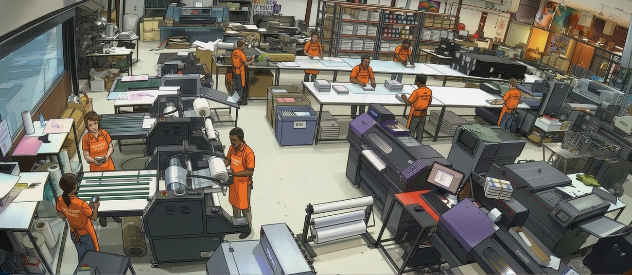 The JOUNA production floor: wide format printers, laminating and cutting stations, and finishing tables